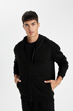 DeFacto Siyah Comfort Regular Fit Rahat Kalıp Kapüşonlu Kalın İçi Yumuşak Tüylü Fermuarlı Sweatshirt D2323AX24AUBK81