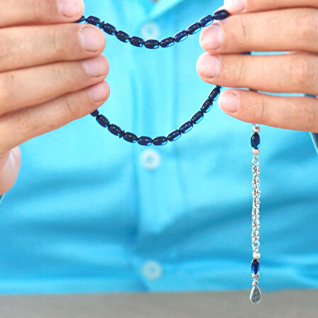 Kararmaz Metal Arnavut Zincir Püsküllü Kapsül Kesim Lacivert Bilek Boy Sıkma Kehribar Tesbih