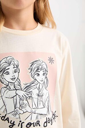 Kız Çocuk Frozen Uzun Kollu Üst Desenli Beli Lastikli Alt Pijama Takımı