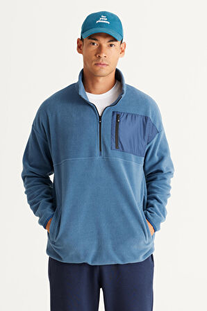 Erkek Indigo Oversize Bol Kesim Bato Yaka Cep Detaylı Fermuarlı Isı Tutan Polar Sweatshirt