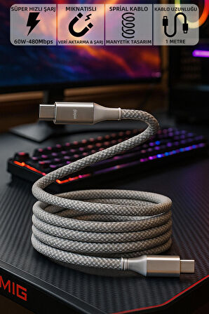 Mioji Mio SC1000 USB-C To USB-C 60W Mıknatıslı Spiral Süper Hızlı Şarj ve Data Kablosu 1m - Beyaz