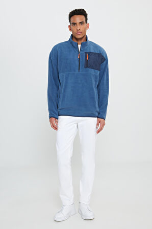 Erkek Indigo Oversize Bol Kesim Bato Yaka Cep Detaylı Fermuarlı Isı Tutan Polar Sweatshirt