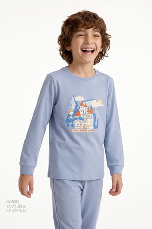 Erkek Çocuk Mavi Mini Dragon Riders Pamuklu Uzun Kollu 2'li Pijama Takımı