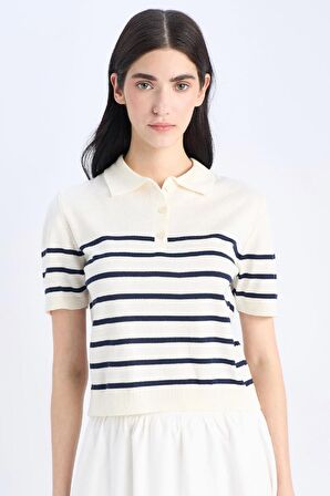 Regular Fit Polo Yaka Çizgili Kısa Kollu Triko Tişört	