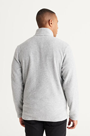 Erkek Gri Melanj Standart Fit Bato Yaka Cepli Fermuarlı Soğuk Geçirmez Sweatshirt Polar Ceket