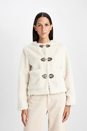 DeFacto Regular Kalıp Bisiklet Yaka Çoban Düğmeli Pelüş Ceket D4004AX24WNER238