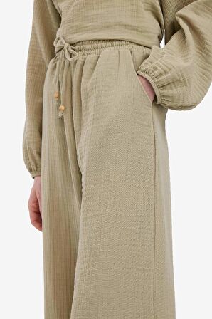 Wide Leg Müslin Kumaş Pantolon Çift Cepli Yüksek Bel Geniş Paça