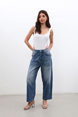 Kadın Yüksek Bel Skater Fit Jean Pantolon Mavi