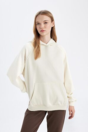 DeFacto Oversize Geniş Kalıp Kapüşonlu Kanguru Cepli Kalın Basic Düz Sweatshirt C7805AX24WNER110