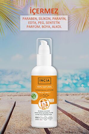 INCIA %100 Doğal Organik Tamanu Yağlı Güneş Losyonu Mineral Filtreli Tüm Aile İçin SPF 50+ 100 ml