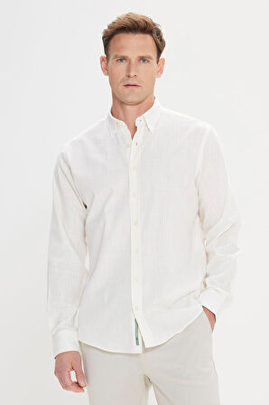 Comfort Fit Rahat Kesim Gizli Düğme Yaka %100 Pamuk Flamlı Gömlek