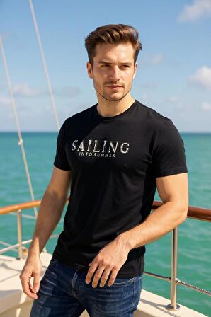 Erkek  Nakış Baskılı Yumuşak Pamuklu T-Shirt