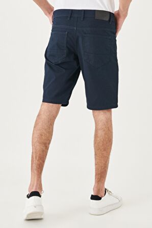 Erkek Lacivert Slim Fit Dar Kesim Armürlü %100 Pamuk Casual Chino Şort