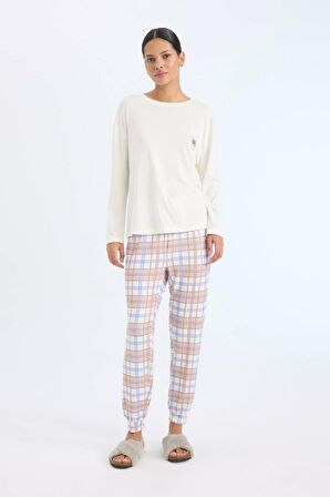 DeFacto Pijama Takımı Regular Fit Uzun Kollu Üst Kareli Uzun Alt-Fall in Love D2263AX24WNBG78