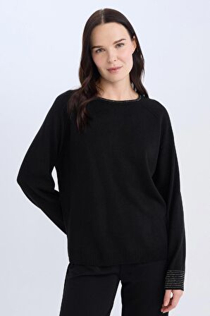 DeFacto Regular Fit Bisiklet Yaka Simli Reglan Kol Siyah Triko Kazak Tunik D1580AX24WNBK81