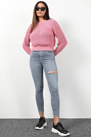 Kadın Yüksek Bel Yırtık Detaylı Skinny Fit Jean Pantolon Mavi