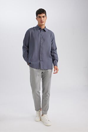 DeFacto Relax Fit Polo Yaka Twill Modal Karışımlı Basic Düz Uzun Kollu Gömlek D3376AX24AUAR174