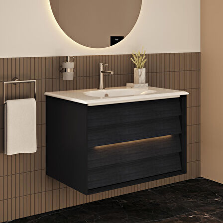 VitrA Frame 61229 Lavabo Dolabı, Çift Çekmeceli, Etajerli Lavabolu,80cm, Mat Soft-HareliSiyah