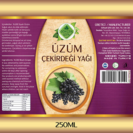 Üzüm Çekirdeği Yağı (GRAPE SEED OİL) 250 Ml.