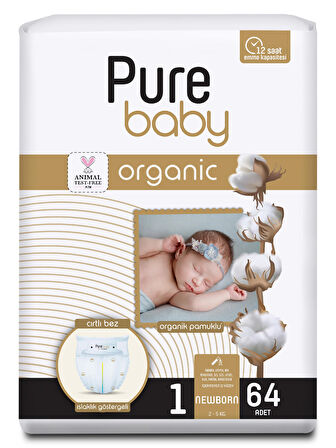 Pure Baby Organik Pamuklu Cırtlı Bez Tekli Paket 1 Numara Yenidogan 64 Adet