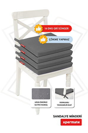Xpermate Fermuarlı 4'lü Sandalye Minderi Su İtici Kumaş 40x40Cm Sünger Sandalye Minderi Bağcıklı Antrasit