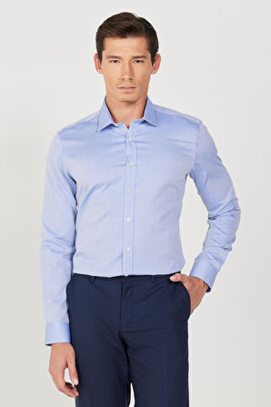 Erkek Mavi Ütüleme Gerektirmeyen Non-ıron Taılored Slim Fit Dar Kesim %100 Pamuk Desenli Gömlek