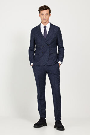 Erkek Lacivert Slim Fit Dar Kesim Kırlangıç Yaka Tweet Desenli Yünlü Takım Elbise