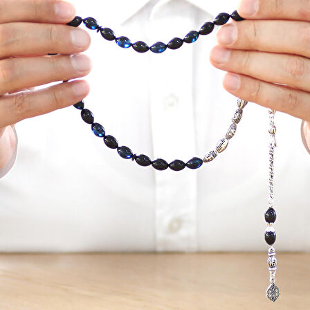 Kararmaz Metal Püsküllü Kişiye Özel İsim Yazılı Mavi-Siyah Sıkma Kehribar Tesbih