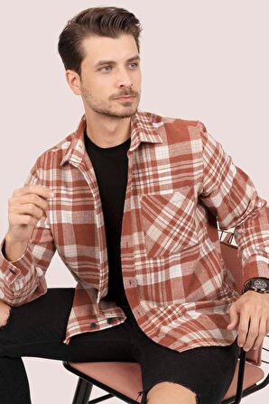 Açık Kiremit Beyaz Çizgili Oversize Kalın Oduncu Gömlek