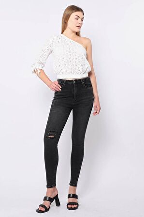 Kadın Antrasit Dizi Yırtık Süper Skinny Fit Jean Pantolon