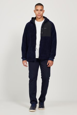 Erkek Lacivert Oversize Bol Kesim Kapüşonlu Sherpa Polar Sweatshirt Ceket