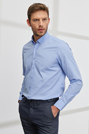 Erkek Mavi Slim Fit Dar Kesim Düğmeli Yaka Desenli Gömlek