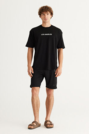 Erkek Siyah Long Fit %100 Pamuk Oval Kesim Bisiklet Yaka Los Angeles Baskılı Kısa Kollu Tişört