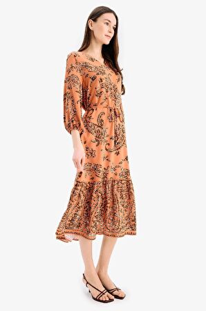 DeFacto Regular Fit V Yaka Çiçek Desenli Yarım Kollu Midi Elbise F0985AX25SMOG327