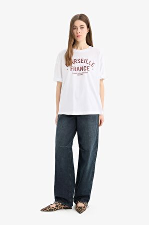 DeFacto Oversize Geniş Kalıp Bisiklet Yaka Baskılı Penye Kısa Kollu Tişört E2795AX25SPWT34