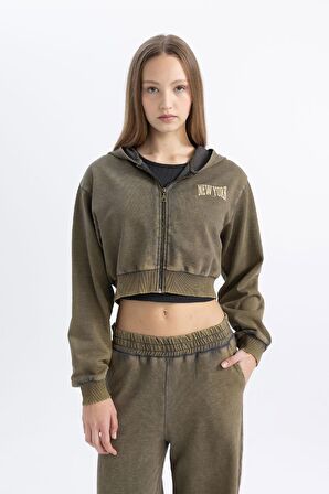 DeFacto Coool Crop Kapüşonlu Baskılı Soluk Yıkama Efektli Kalın Fermuarlı Sweatshirt C4475AX24SPAR191