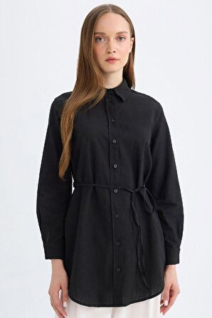 DeFacto Regular Fit Poplin Basic Düz Uzun Kollu Siyah Gömlek Tunik D4160AX24AUBK81