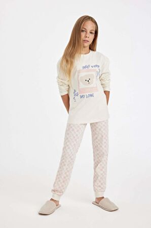 DeFacto Kız Çocuk Pijama Takımı Ayı Baskılı Uzun Kollu Üst Uzun Alt D6651A824AUBG759