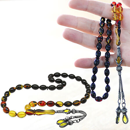 1000 Ayar Gümüş Kazaz Püsküllü Arpa Kesim Süzme Bala-Siyah Ateş Kehribar Tesbih