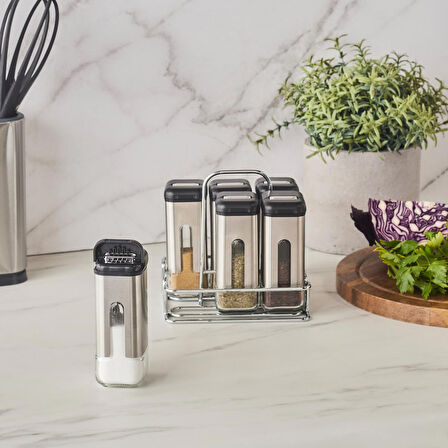 Shinex Inox Standlı 7 Parça Cam Baharat Seti 100 Ml