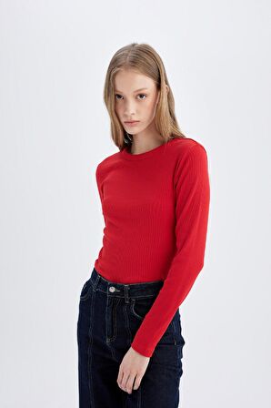 DeFacto Slim Fit Dar Kesim Bisiklet Yaka Fitilli Kaşkorse Basic Düz Uzun Kollu Tişört C7516AX24AURD79