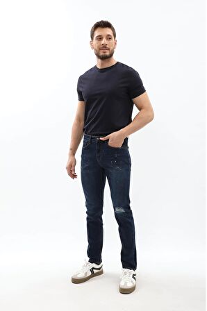 Erkek Dizi Yırtık Slim Fit Boya Detay Jean Pantolon