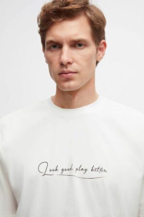 Oversize Beyaz Baskılı %100 Pamuk T-shirt 2EC14ORT05211