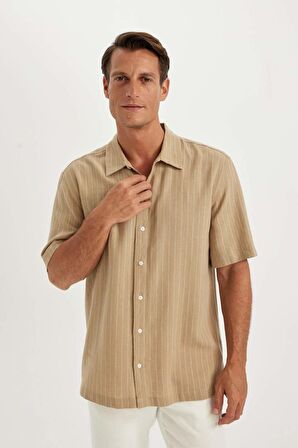 DeFacto Relax Fit Polo Yaka Çizgili Keten Kısa Kollu Gömlek C1111AX24SMBG674