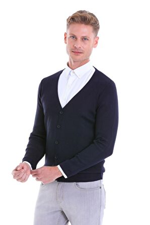 Lacivert V Yaka Regular Fit Yünlü Triko Hırka | S