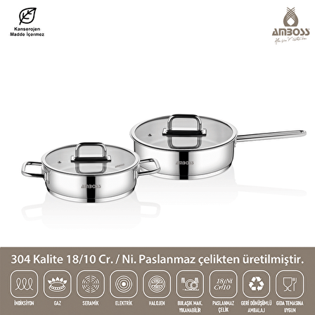 Nova 4 Parça Paslanmaz Çelik Cam Kapaklı Basık Tencere Tava Seti 26 cm