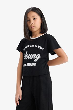 Kız Çocuk 2'li Takım Fitilli Kaşkorse Baskılı Kısa kollu Tişört Wide Leg Geniş Bol Paça Pantolon