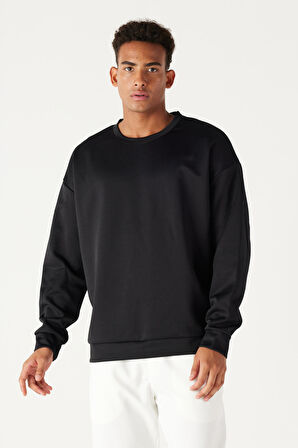 Erkek Siyah Oversize Bol Kesim Bisiklet Yaka Düz Sweatshirt