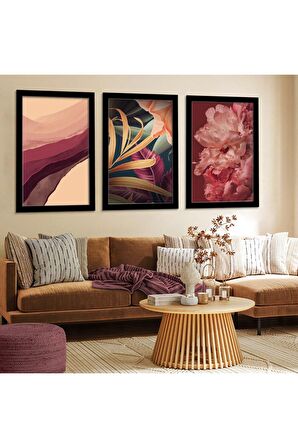 Gümüş Aynalı Pleksi Çerçeveli Üçlü Soyut Desen Şekiller Üçlü Mdf Tablo Seti