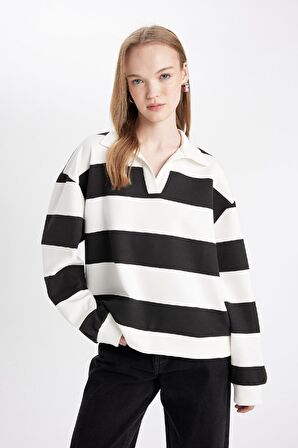 DeFacto Oversize Geniş Kalıp Çizgili Polo Yaka Kalın Sweatshirt D4754AX24AUWT32